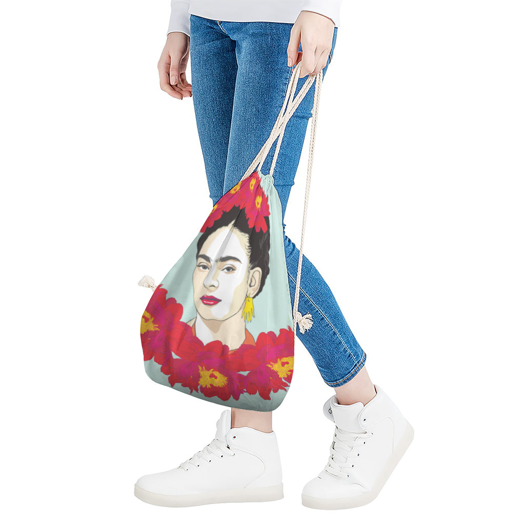 Frida Kahlo And Floral Print Drawstring Bag