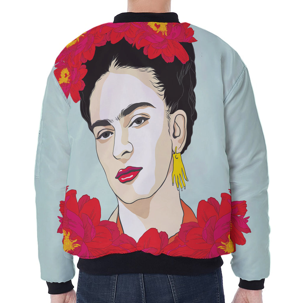 Frida Kahlo And Floral Print Zip Sleeve Bomber Jacket