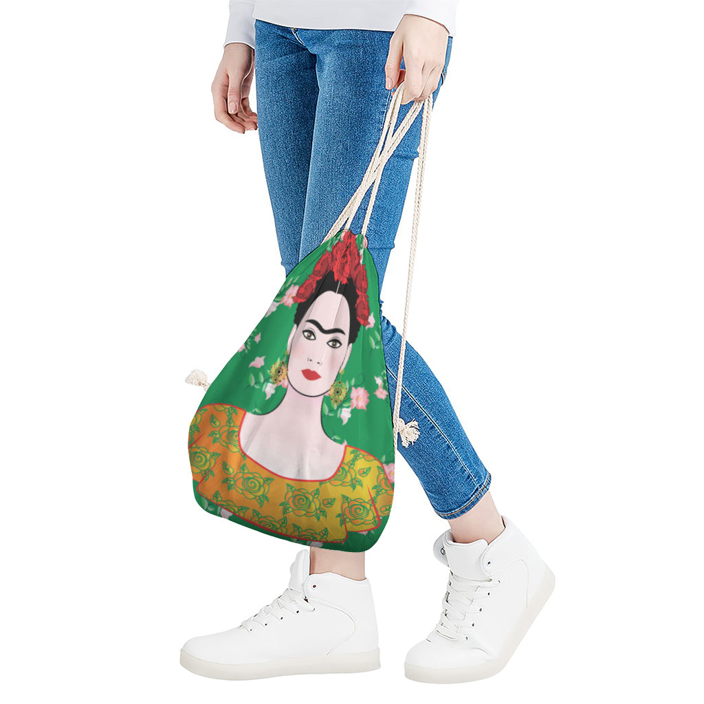 Frida Kahlo And Pink Floral Print Drawstring Bag