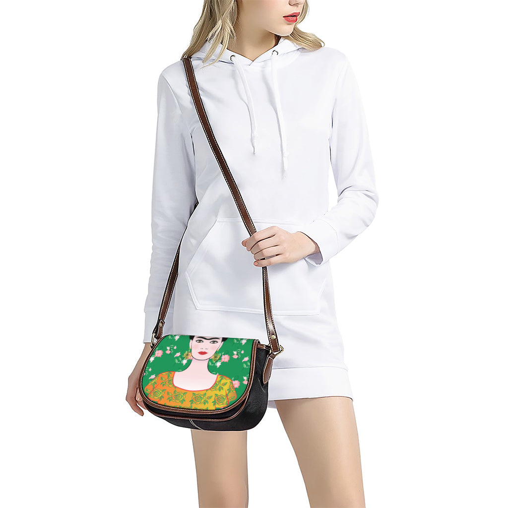 Frida Kahlo And Pink Floral Print Saddle Bag
