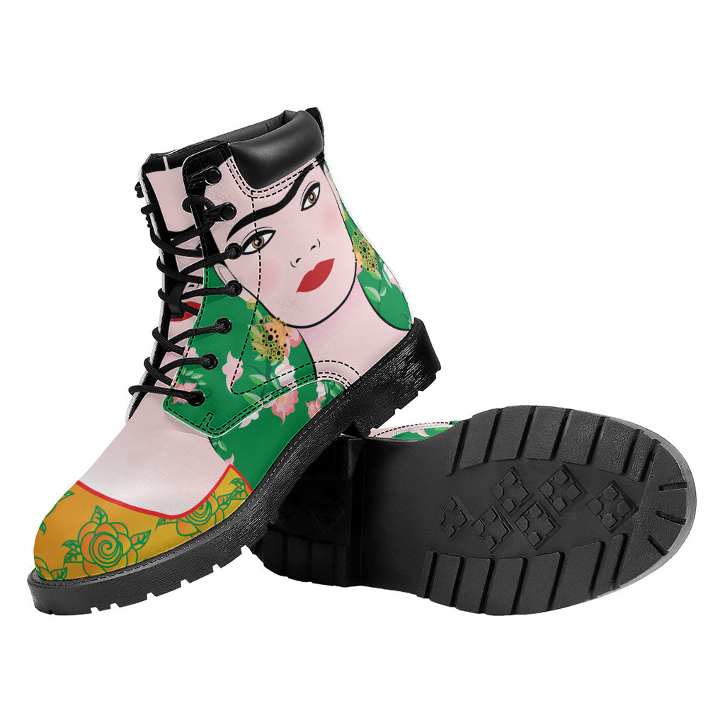 Frida Kahlo And Pink Floral Print Work Boots