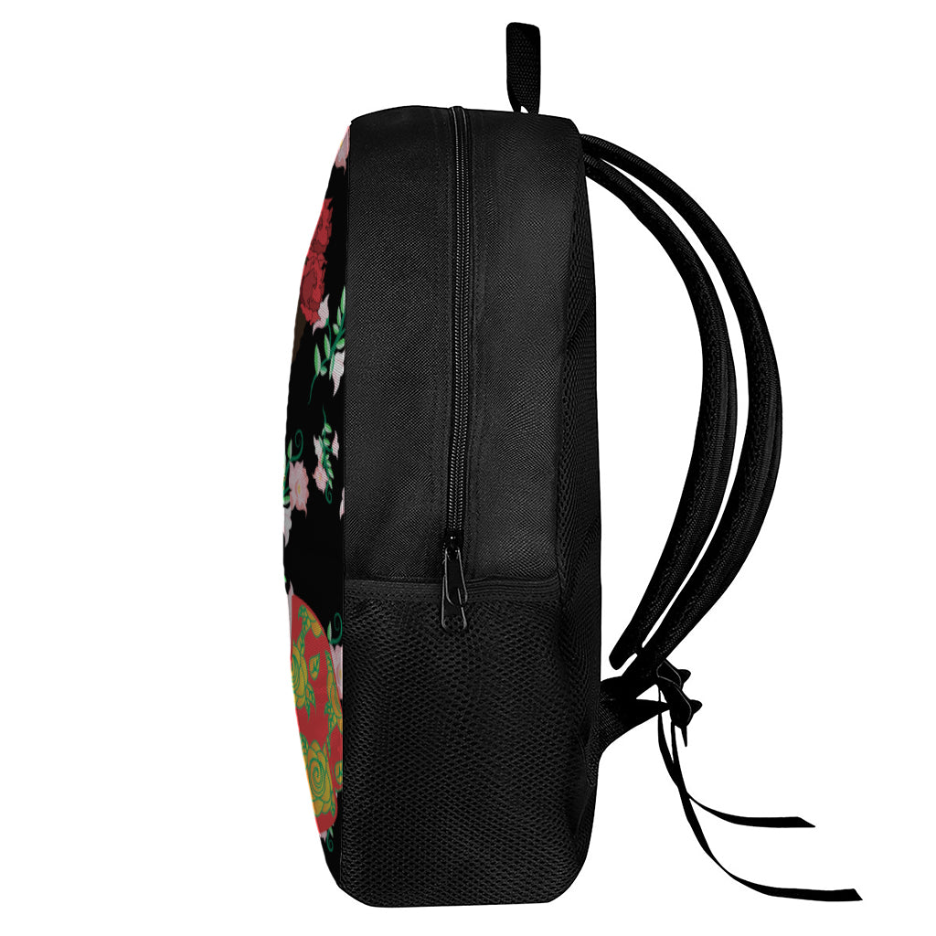 Frida Kahlo And Pink Flower Print 17 Inch Backpack