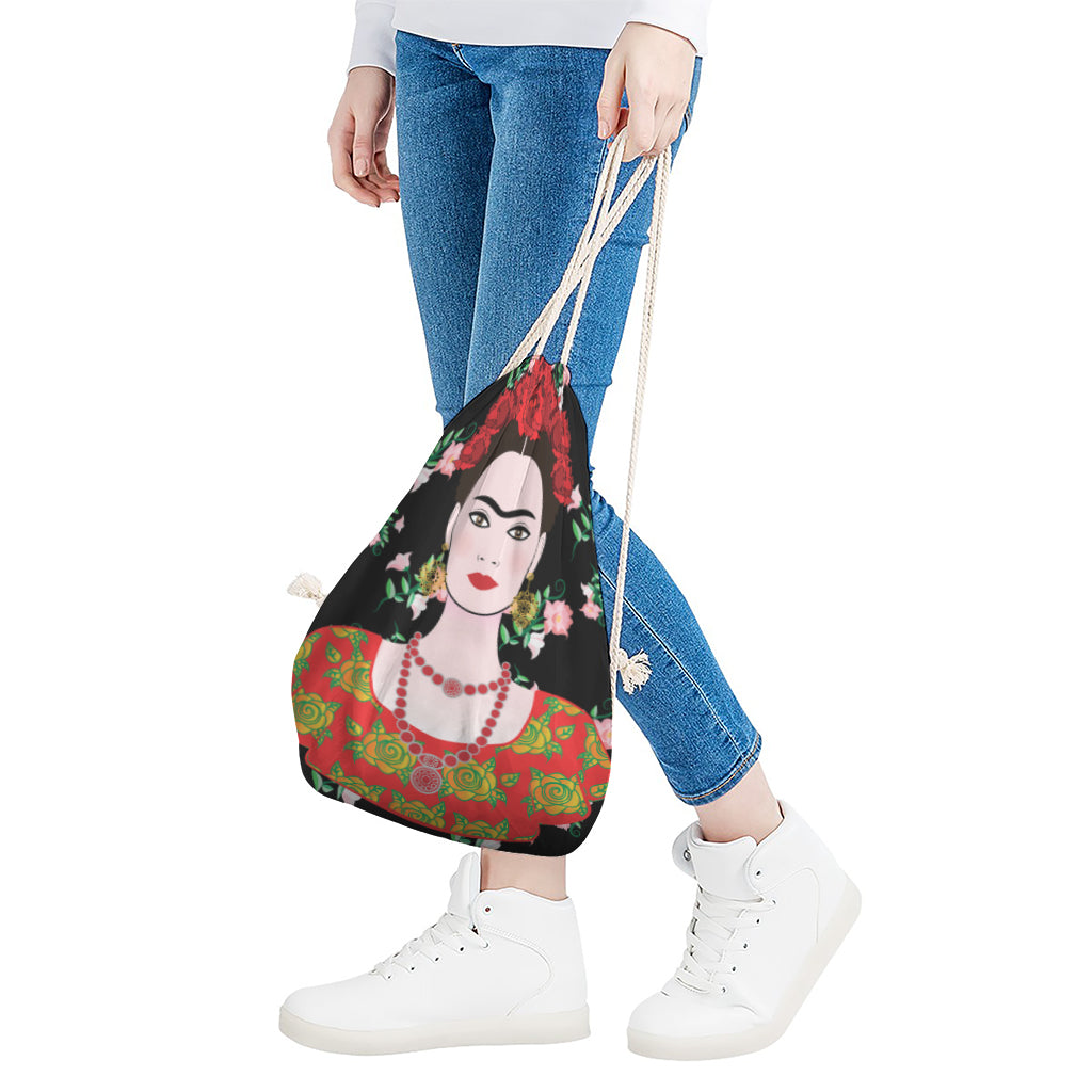 Frida Kahlo And Pink Flower Print Drawstring Bag