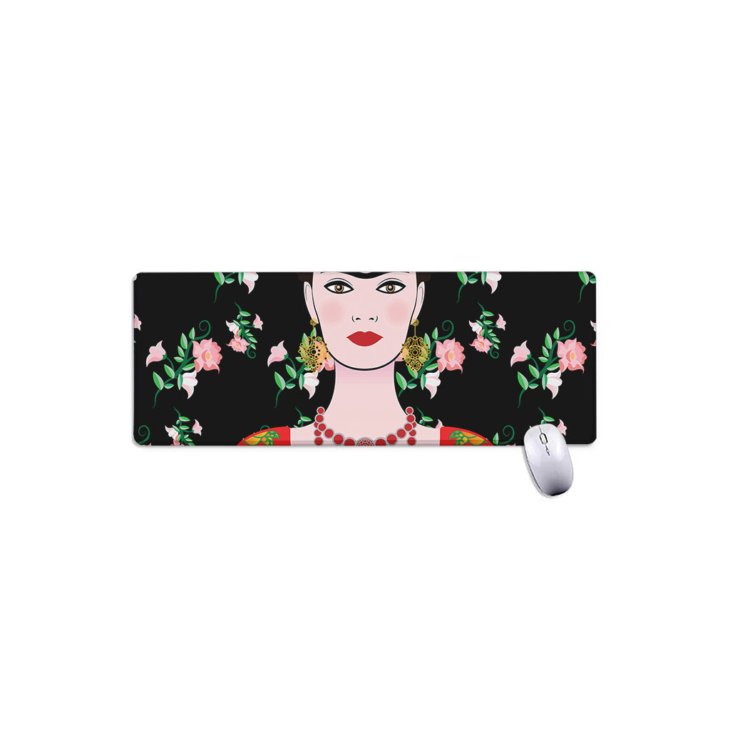 Frida Kahlo And Pink Flower Print Extended Mouse Pad