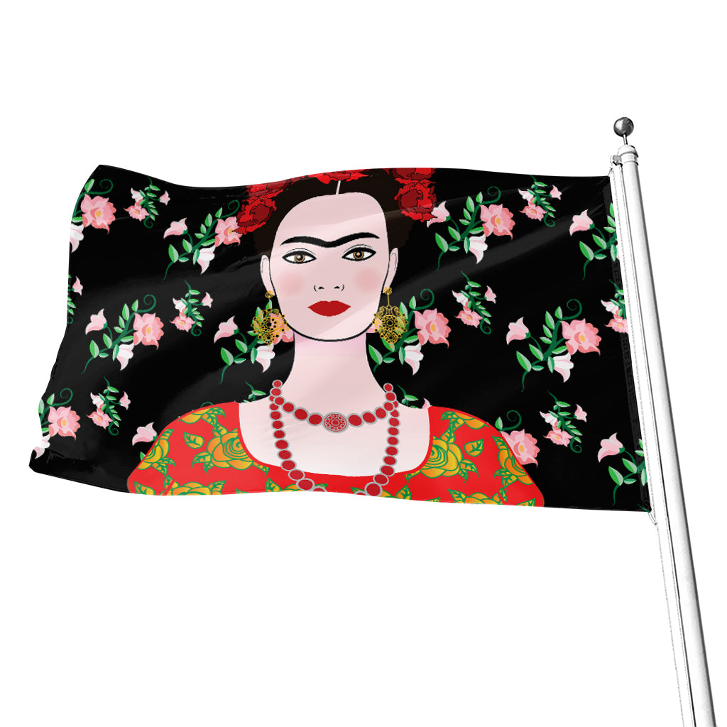 Frida Kahlo And Pink Flower Print Flag