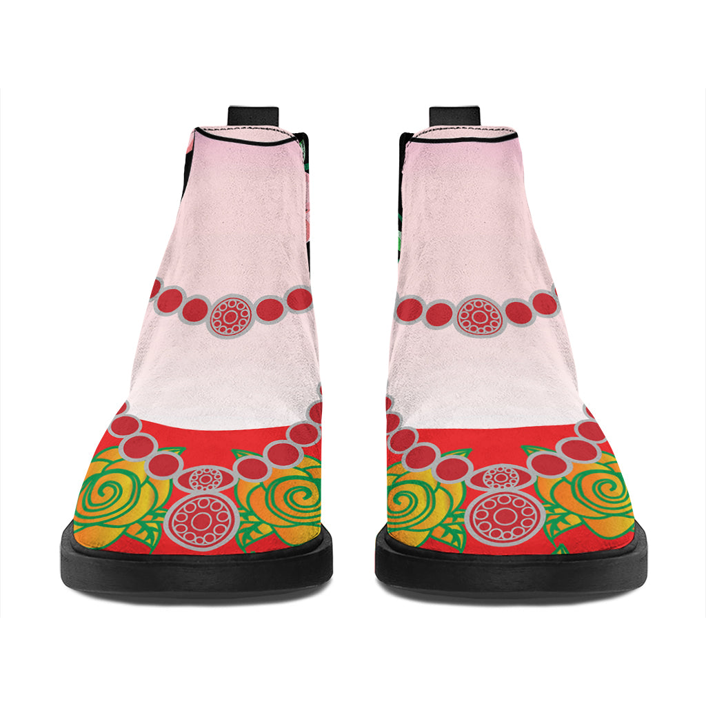 Frida Kahlo And Pink Flower Print Flat Ankle Boots