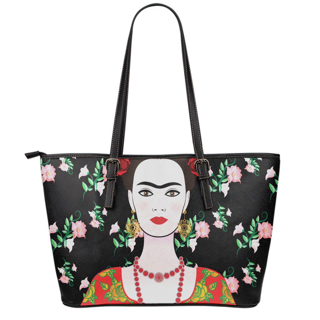 Frida Kahlo And Pink Flower Print Leather Tote Bag