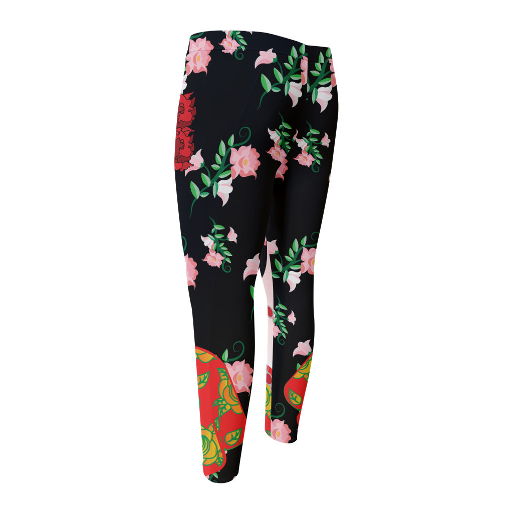 Frida Kahlo And Pink Flower Print Men's Compression Pants