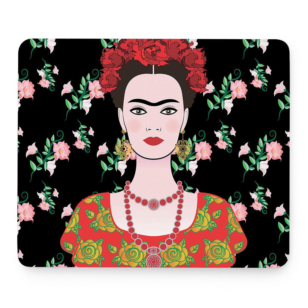 Frida Kahlo And Pink Flower Print Mouse Pad