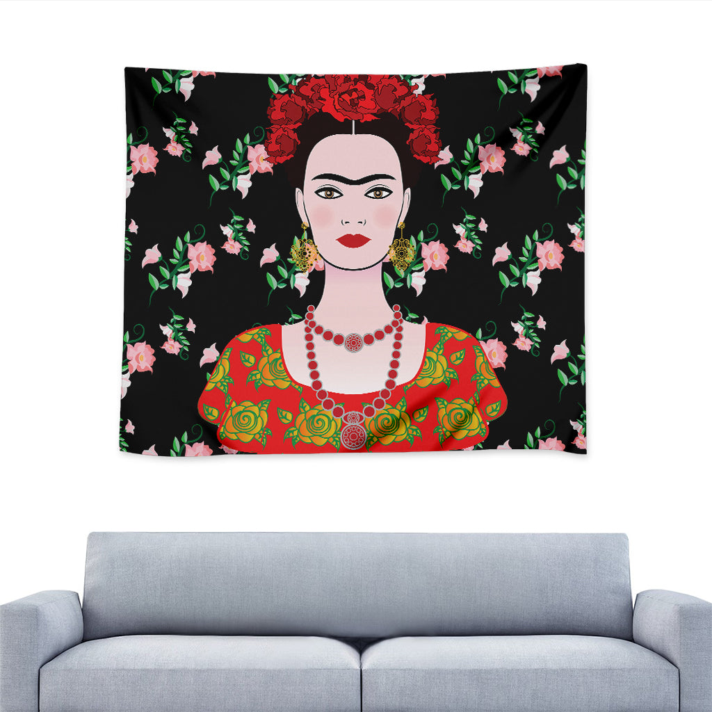 Frida Kahlo And Pink Flower Print Tapestry