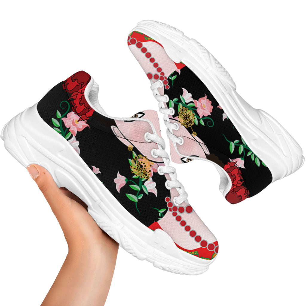 Frida Kahlo And Pink Flower Print White Chunky Shoes