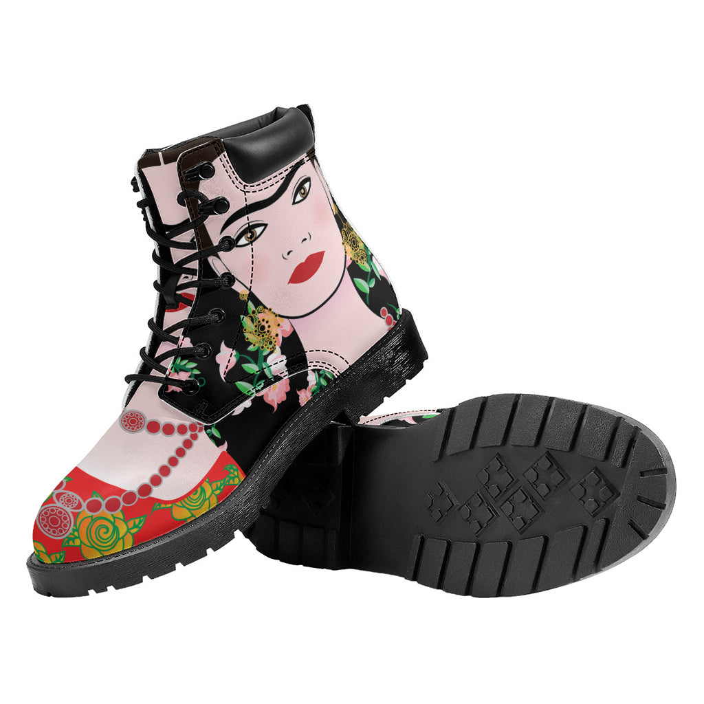 Frida Kahlo And Pink Flower Print Work Boots
