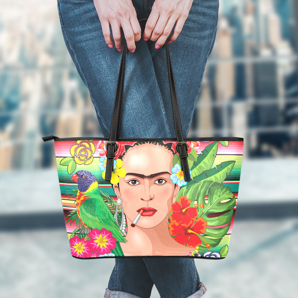 Frida Kahlo Serape Print Leather Tote Bag