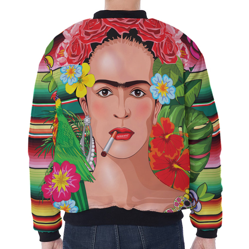 Frida Kahlo Serape Print Zip Sleeve Bomber Jacket