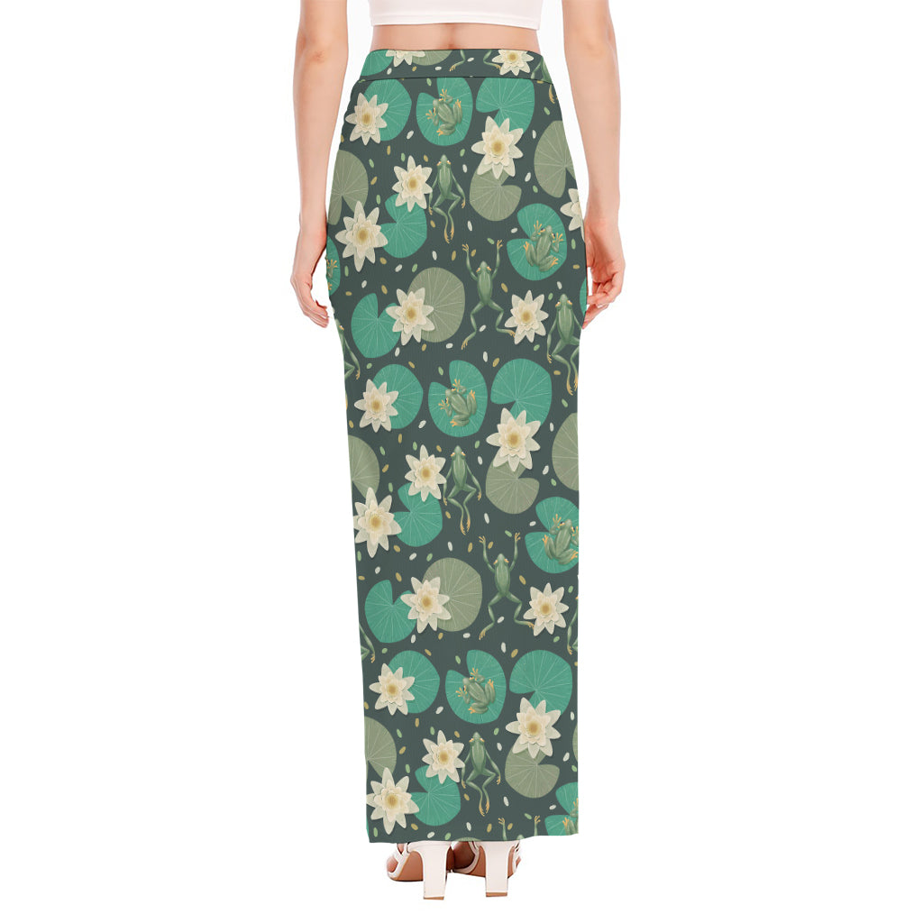 Frogs And Water Lilies Pattern Print High Slit Maxi Skirt