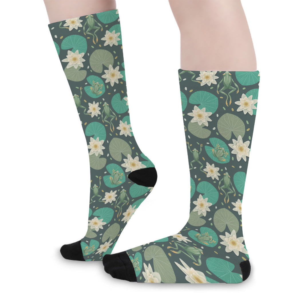 Frogs And Water Lilies Pattern Print Long Socks