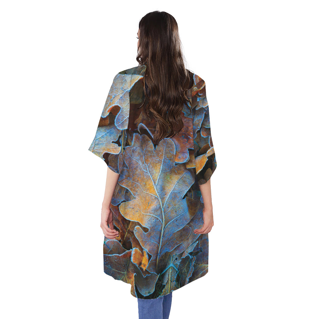 Frozen Oak leaf Print Open Front Beach Cover Up