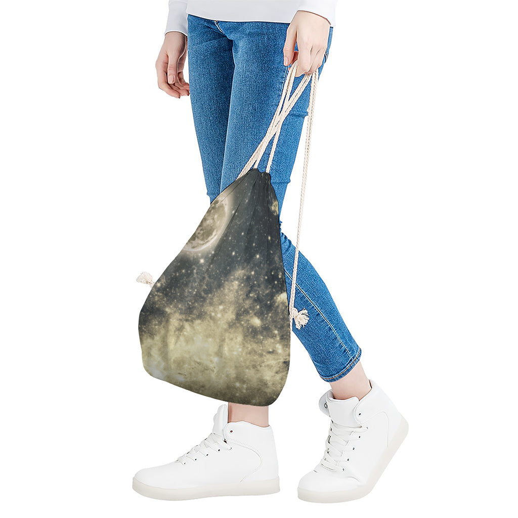 Full Moon And Night Stars Print Drawstring Bag