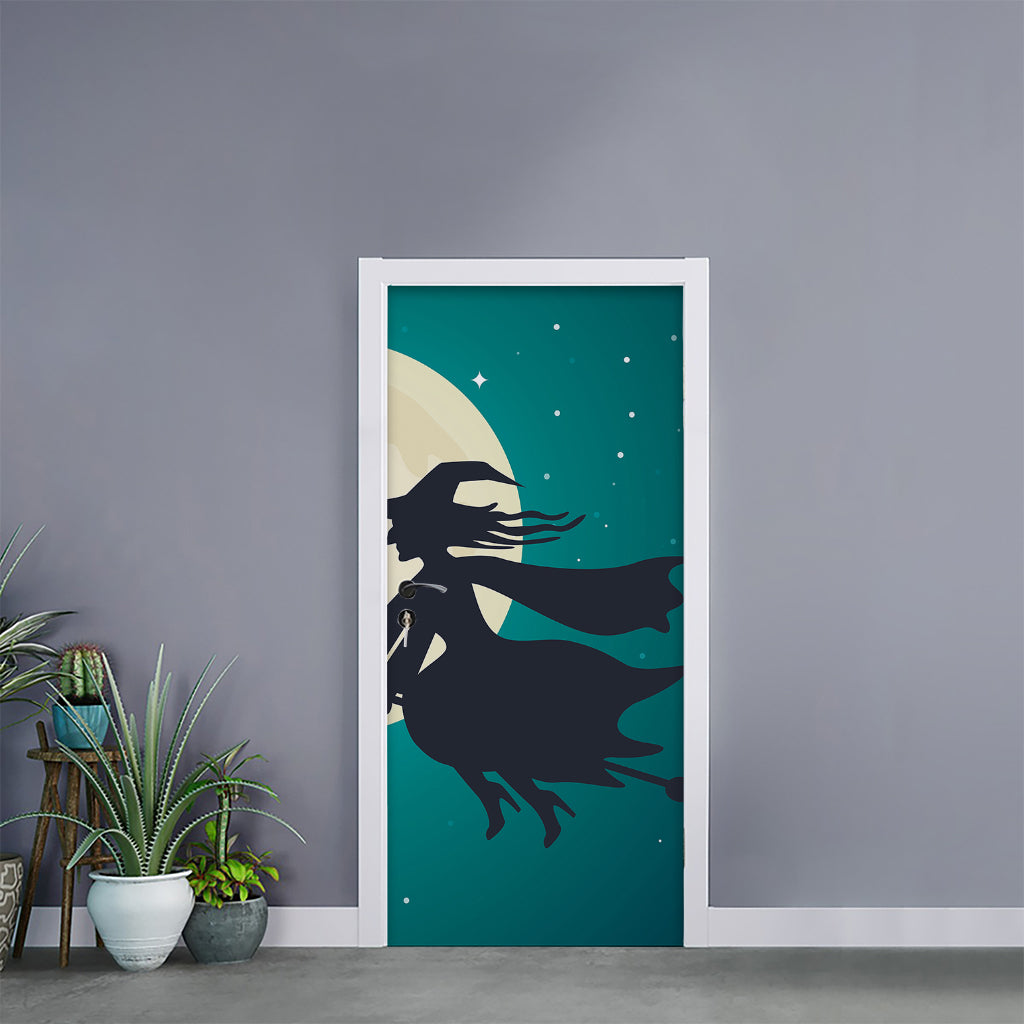 Full Moon Halloween Flying Witch Print Door Sticker