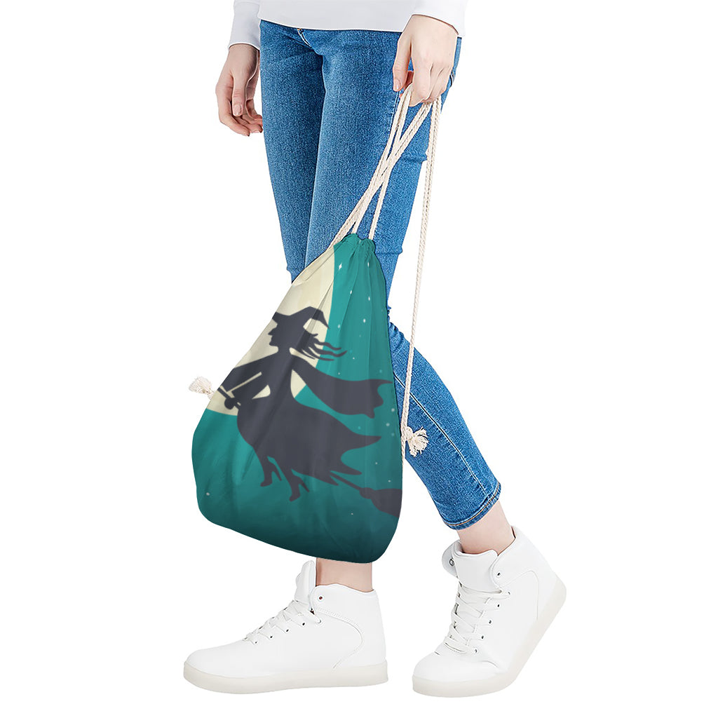 Full Moon Halloween Flying Witch Print Drawstring Bag