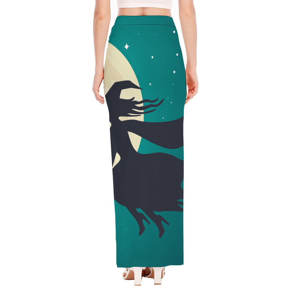 Full Moon Halloween Flying Witch Print High Slit Maxi Skirt