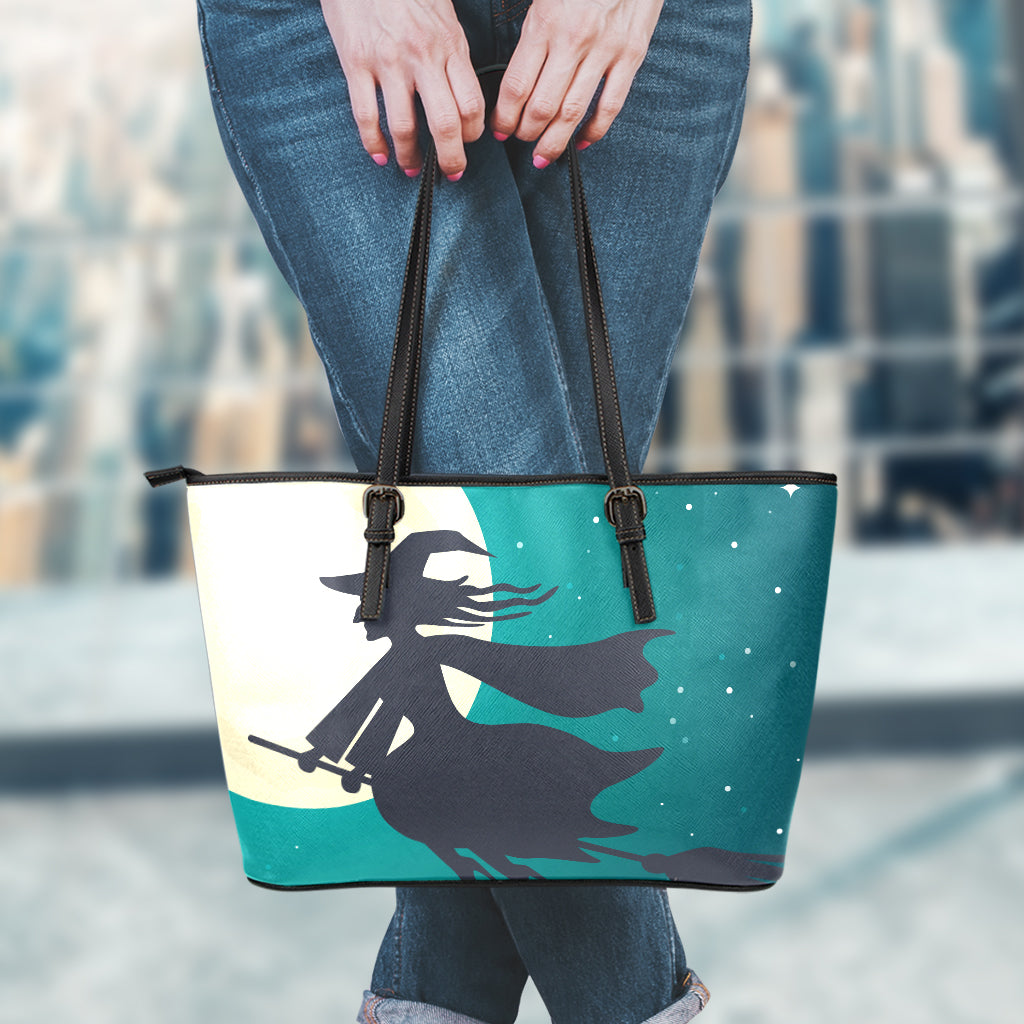 Full Moon Halloween Flying Witch Print Leather Tote Bag