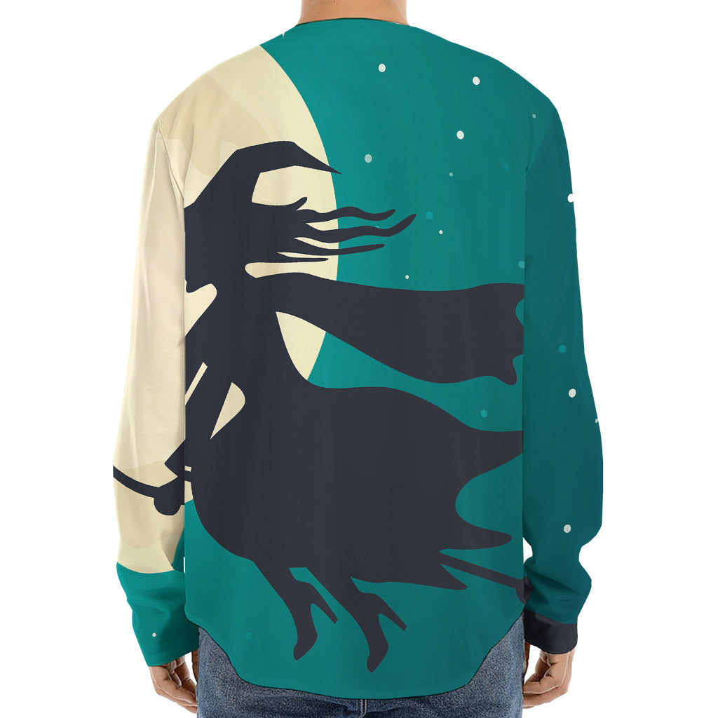 Full Moon Halloween Flying Witch Print Long Sleeve Baseball Jersey