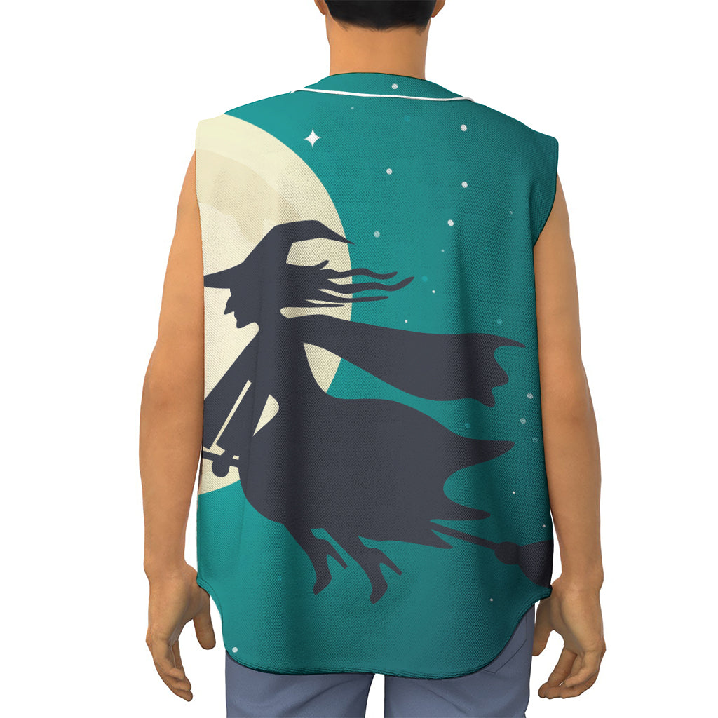 Full Moon Halloween Flying Witch Print Sleeveless Baseball Jersey
