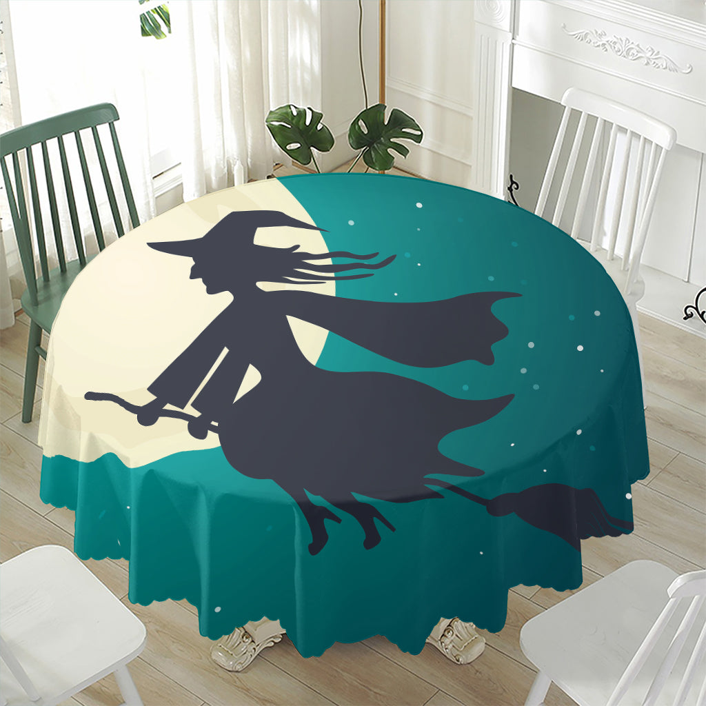 Full Moon Halloween Flying Witch Print Waterproof Round Tablecloth