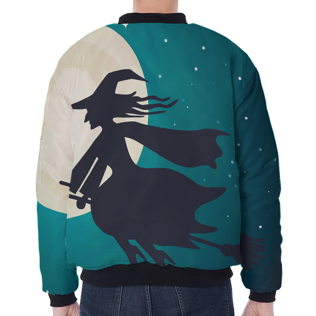 Full Moon Halloween Flying Witch Print Zip Sleeve Bomber Jacket