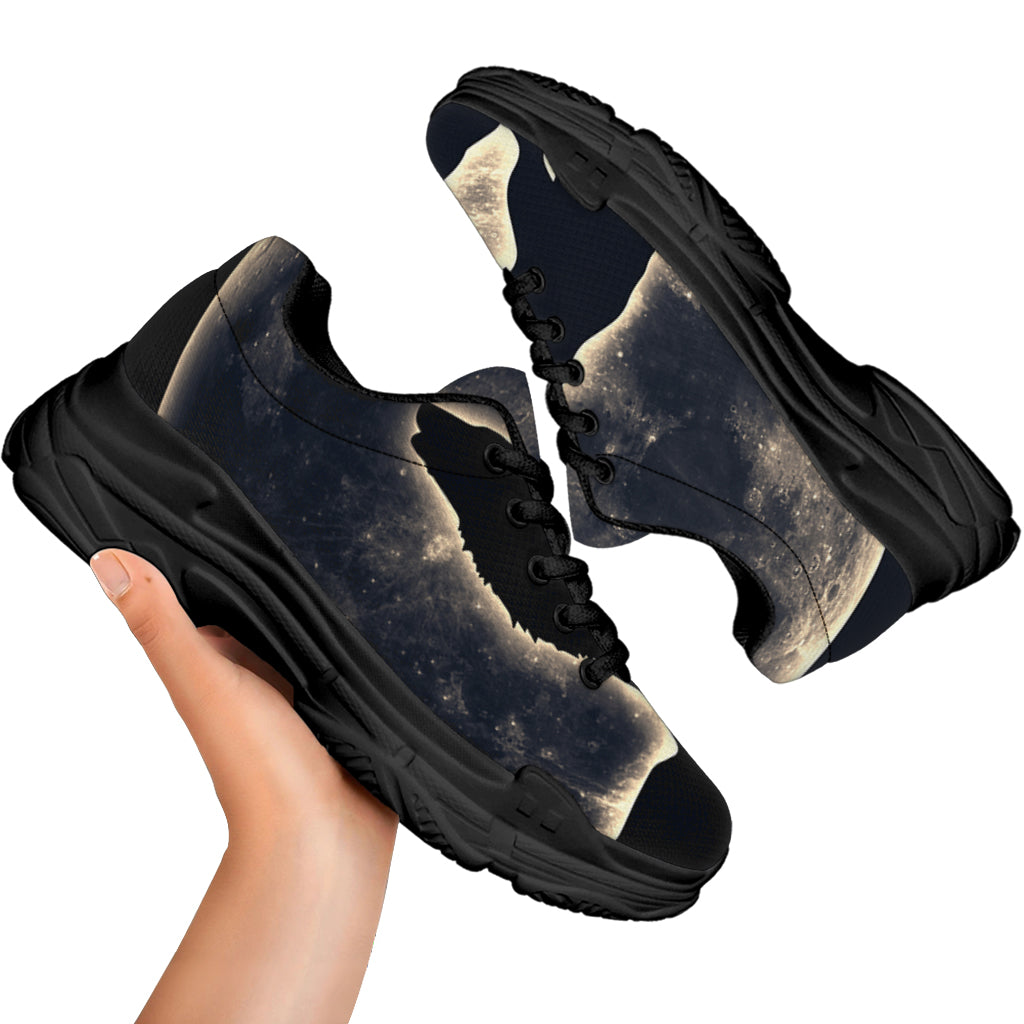 Full Moon Howling Wolf Print Black Chunky Shoes