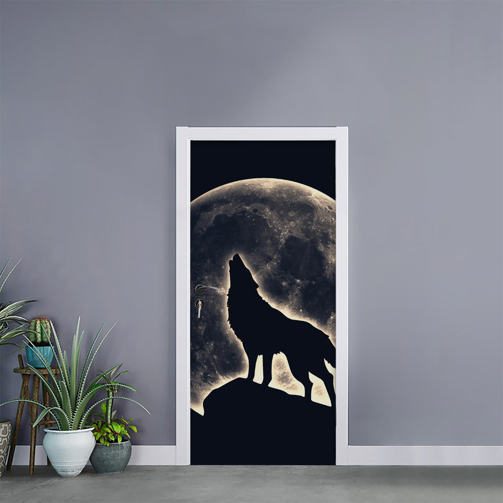 Full Moon Howling Wolf Print Door Sticker