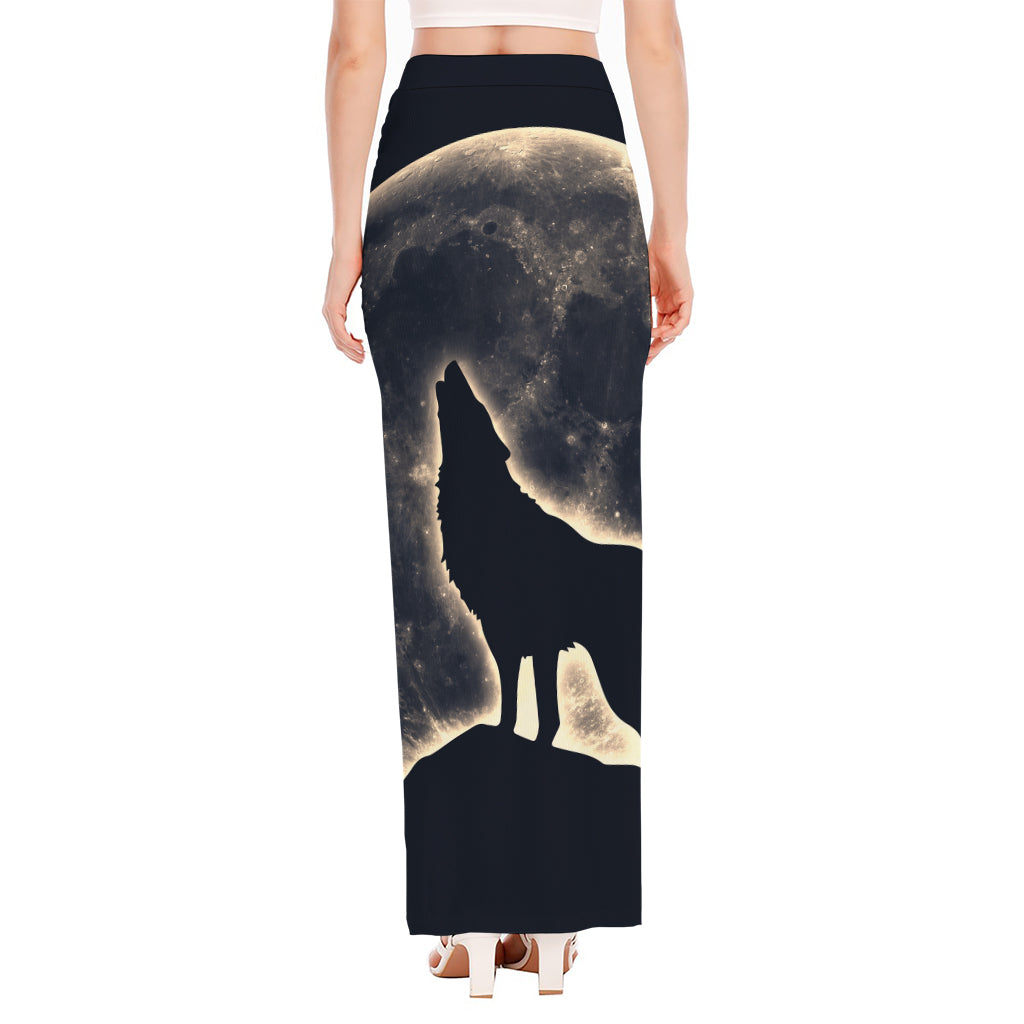 Full Moon Howling Wolf Print High Slit Maxi Skirt