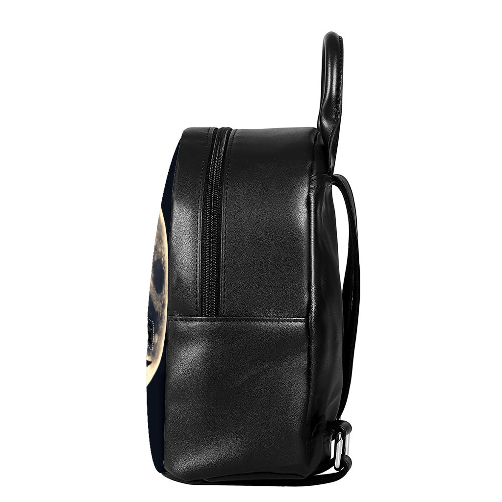 Full Moon Howling Wolf Print Leather Backpack
