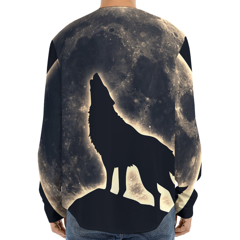 Full Moon Howling Wolf Print Long Sleeve Baseball Jersey