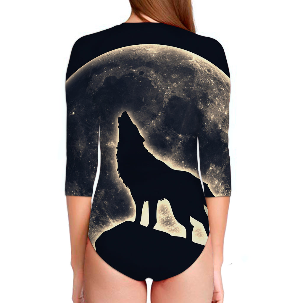 Full Moon Howling Wolf Print Long Sleeve Swimsuit