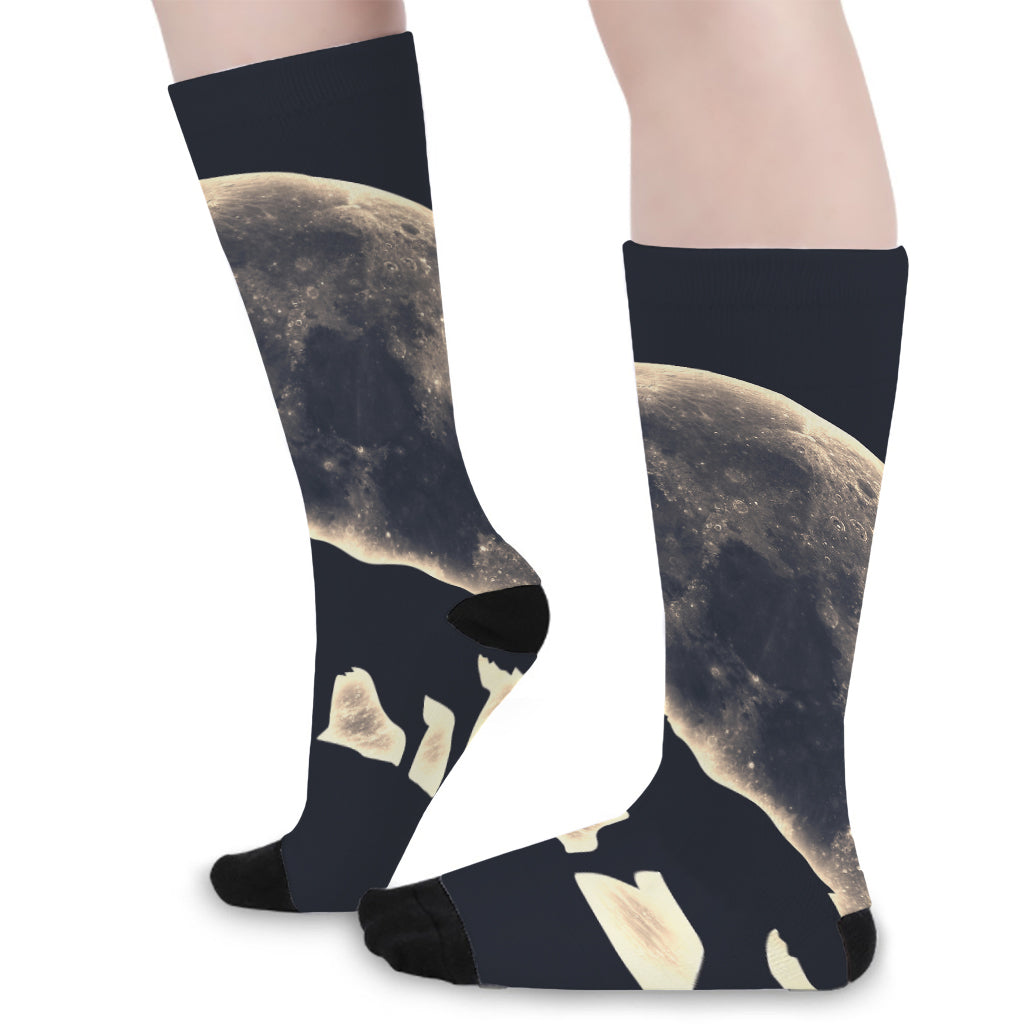 Full Moon Howling Wolf Print Long Socks