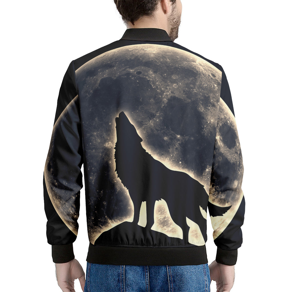 Full Moon Howling Wolf Print Men's Bomber Jacket