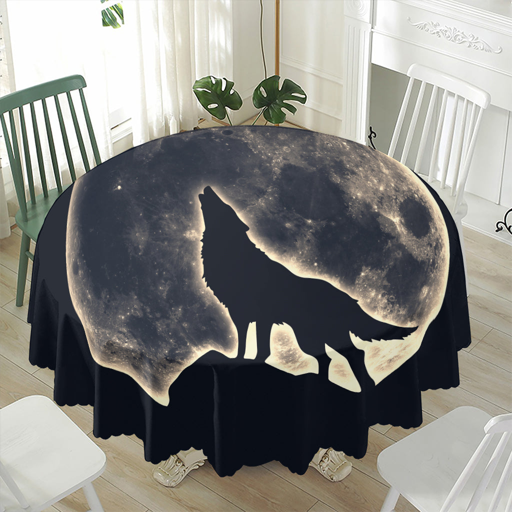 Full Moon Howling Wolf Print Waterproof Round Tablecloth