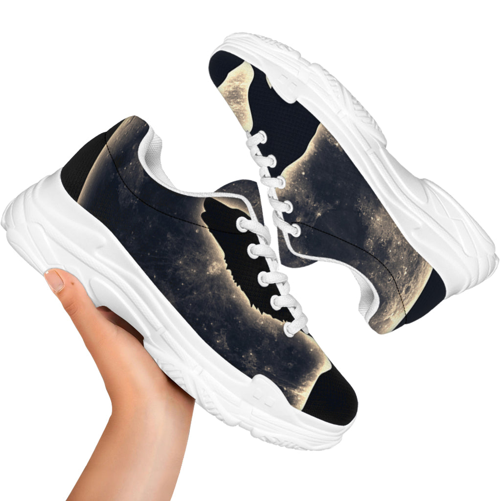 Full Moon Howling Wolf Print White Chunky Shoes