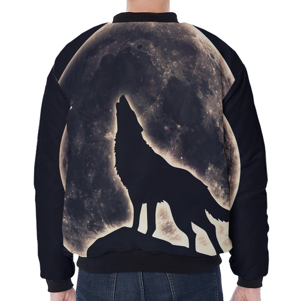 Full Moon Howling Wolf Print Zip Sleeve Bomber Jacket