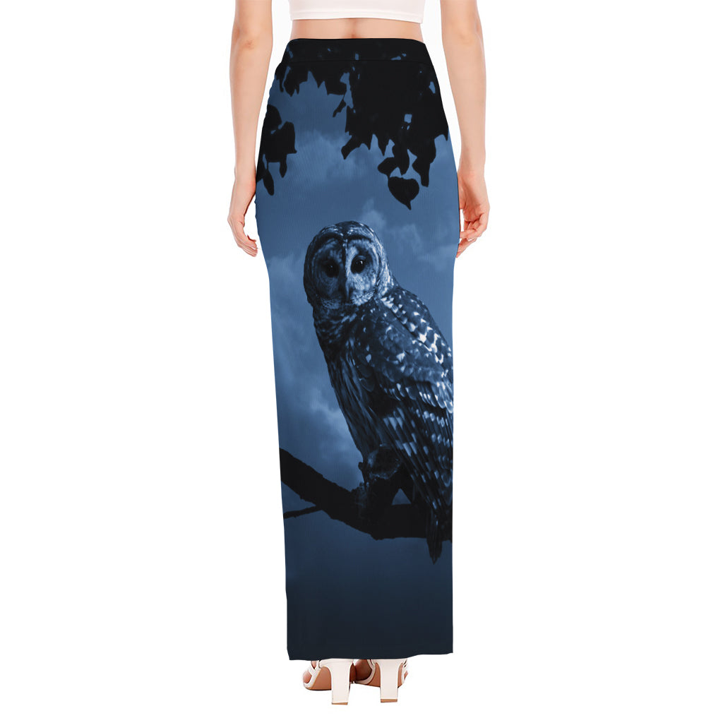 Full Moon Night Owl Print High Slit Maxi Skirt