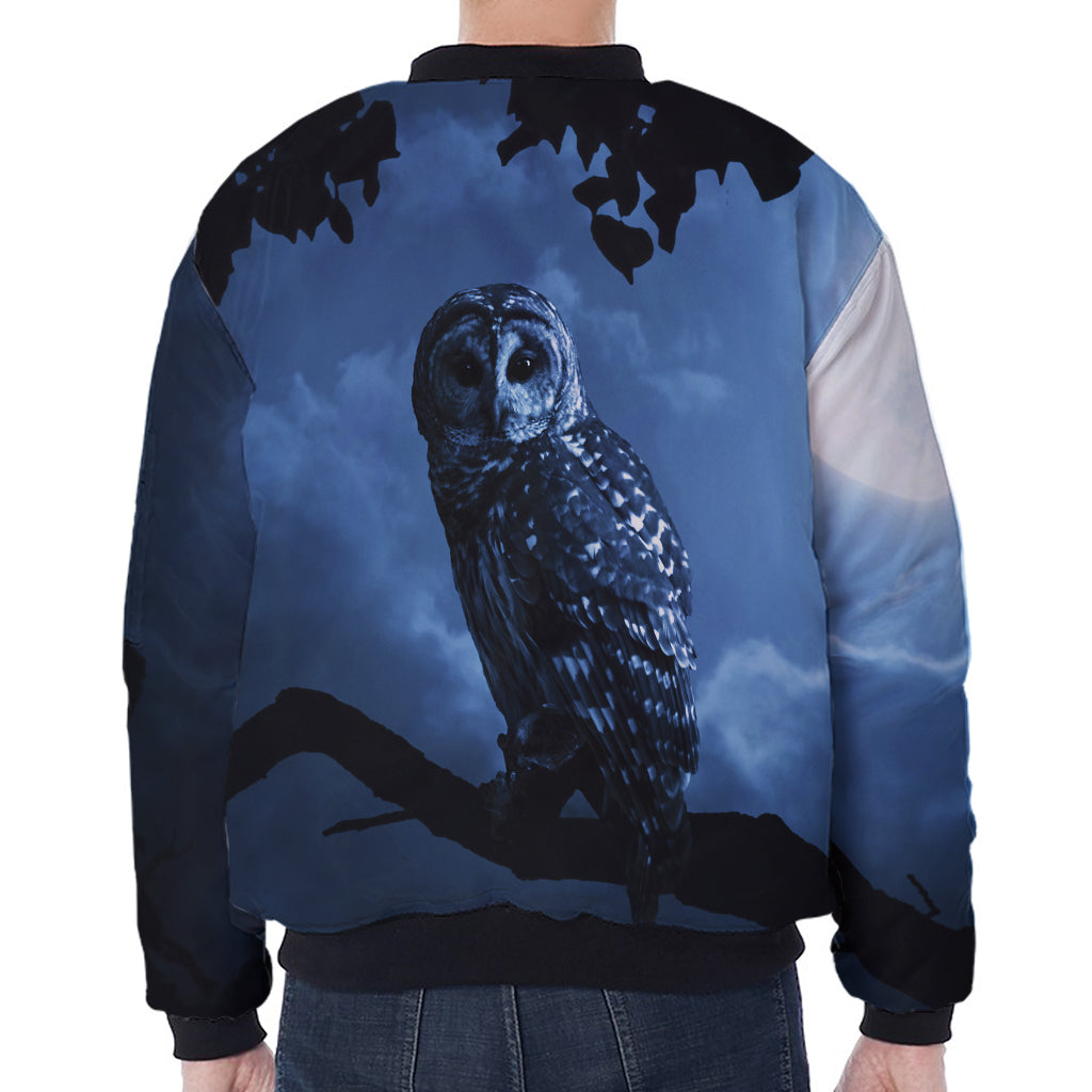 Full Moon Night Owl Print Zip Sleeve Bomber Jacket