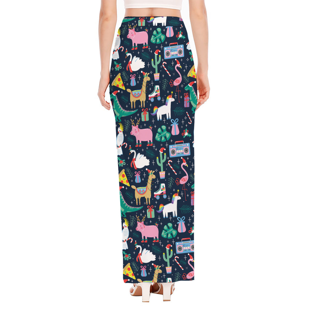 Funny Christmas Animals Pattern Print High Slit Maxi Skirt