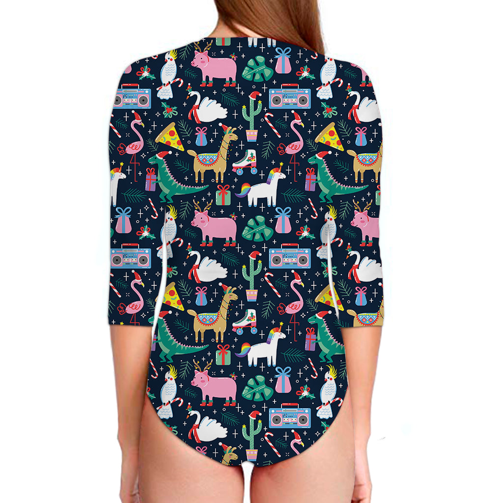 Funny Christmas Animals Pattern Print Long Sleeve Swimsuit