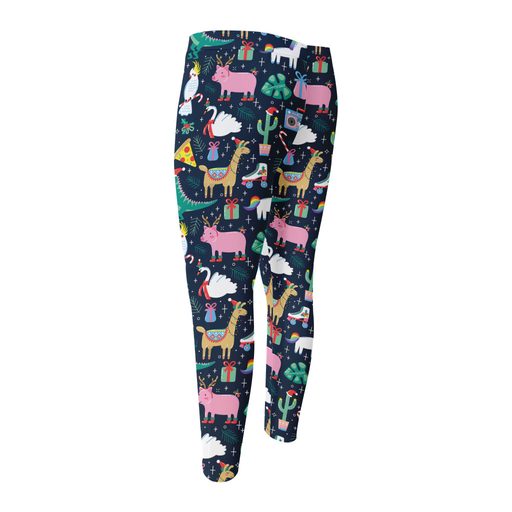 Funny Christmas Animals Pattern Print Men's Compression Pants