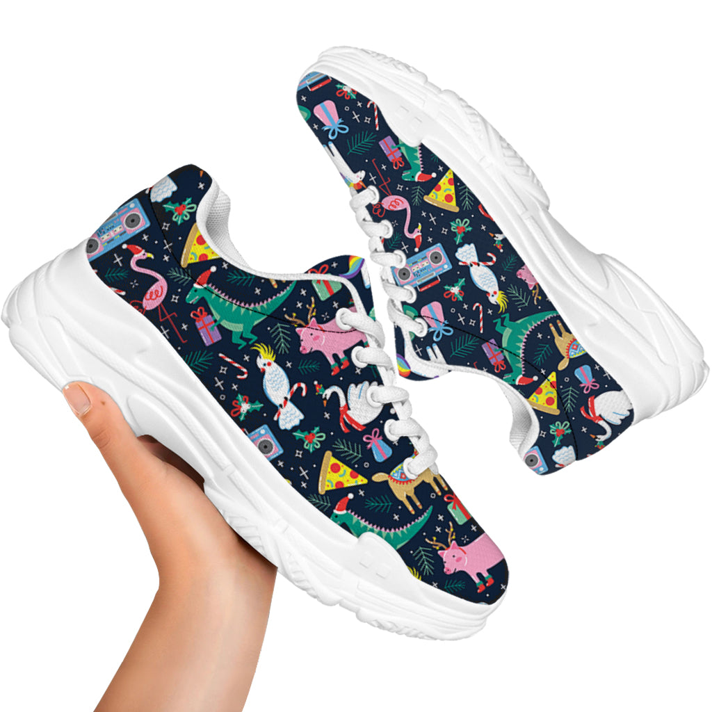 Funny Christmas Animals Pattern Print White Chunky Shoes