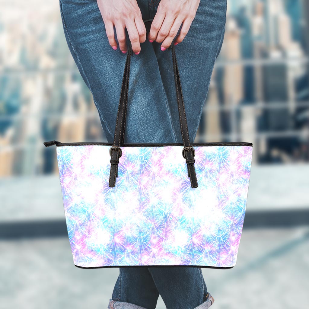 Galaxy Mermaid Scales Pattern Print Leather Tote Bag