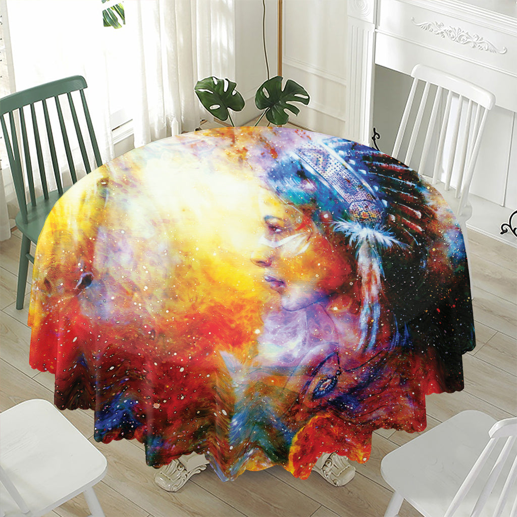 Galaxy Native Indian Woman Print Waterproof Round Tablecloth