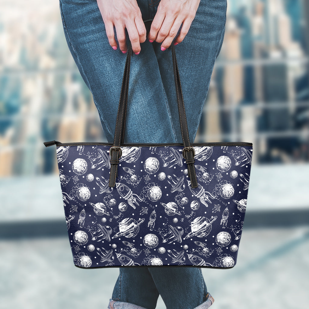 Galaxy UFO Pattern Print Leather Tote Bag
